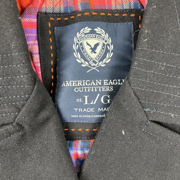 American Eagle Double Breasted Pea Coat Navy Blue Womens Size Large Plaid Liner - Picture 3 of 8